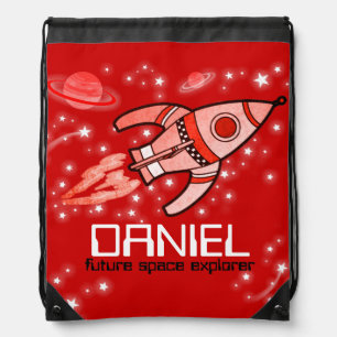 Name rocket space explorer red kids drawstring bag