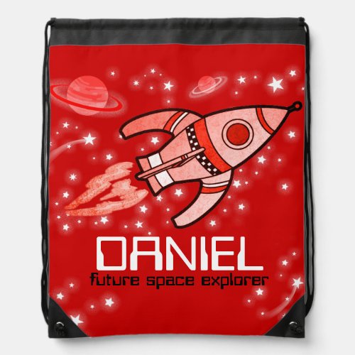 Name rocket space explorer red kids drawstring bag