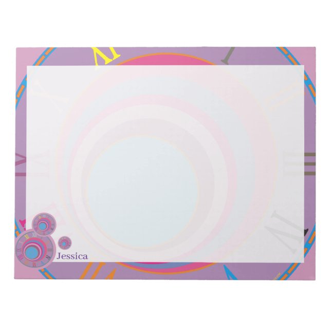 Name Roman Numerals Clock Pink Purple Blue Girly Notepad (Front)