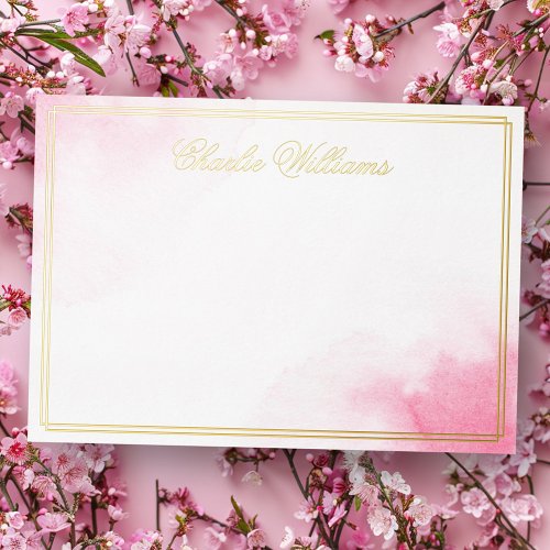 Name romantic script pink watercolor foil notecard