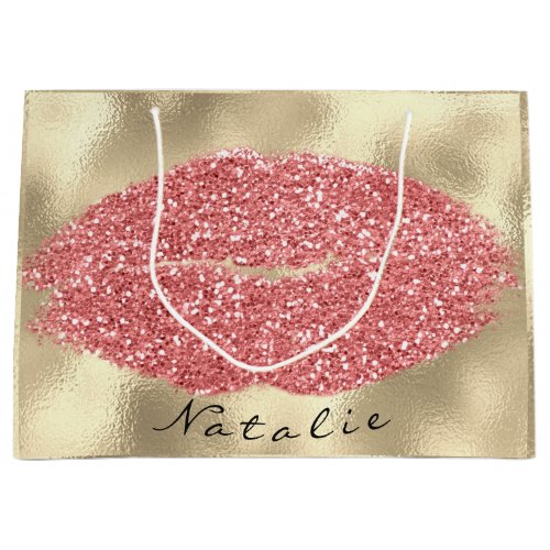 Name Rose Blush Kiss Lips Glitter Champagne Gold Large Gift Bag