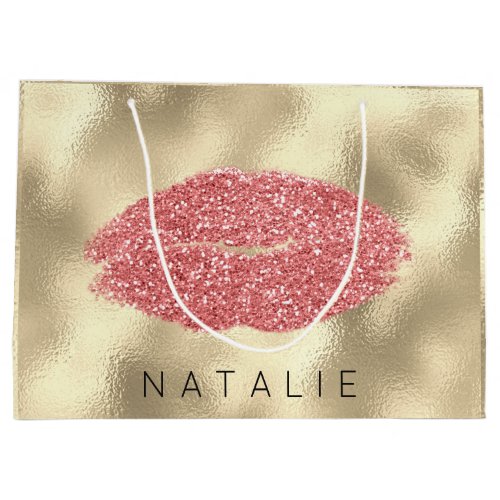 Name Rose Blush Pink Kiss Lips Glitter Champagne Large Gift Bag