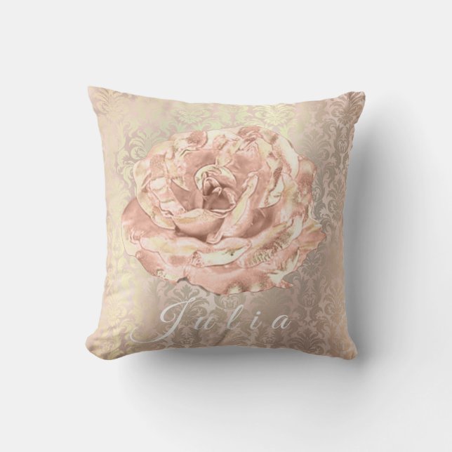 Name Rose Gold Flower Pearly Damask Lux Salmon Throw Pillow (Front)