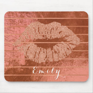 Name Rose Gold Metallic Copper Stripes Lips Kiss Mouse Pad