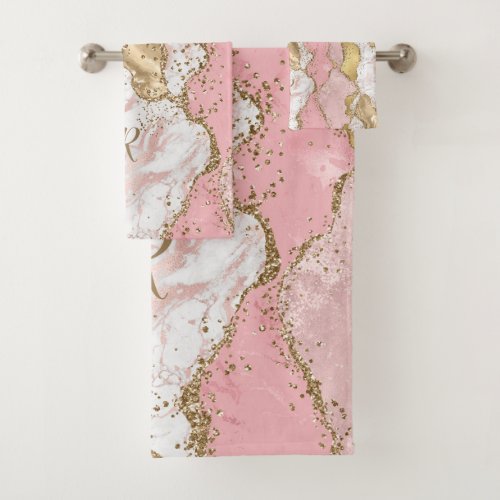 Name Rose Gold Pink Agate Liquid  Glitter Gold   Bath Towel Set