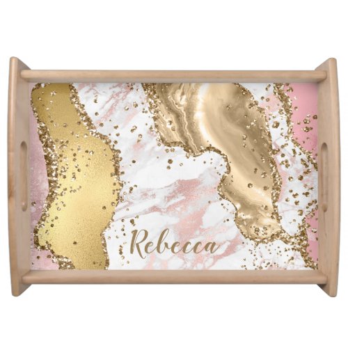 Name Rose Gold Pink Agate Liquid  Glitter Gold   Serving Tray