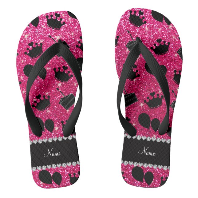 Name rose pink glitter crowns balloons cake flip flops (Footbed)