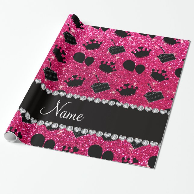 Name rose pink glitter crowns balloons cake wrapping paper (Unrolled)