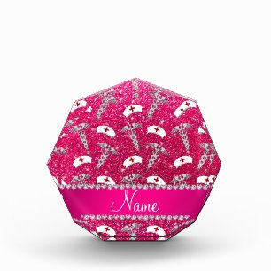 Name rose pink glitter nurse hats silver caduceus award