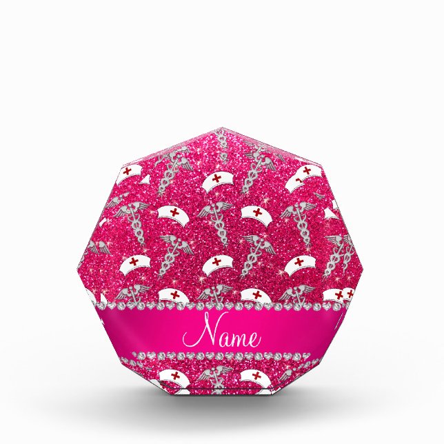 Name rose pink glitter nurse hats silver caduceus award (Front)