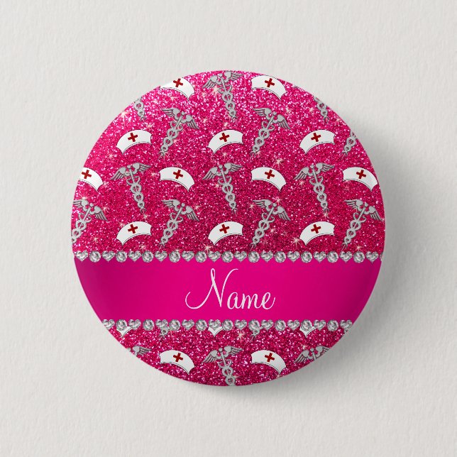 Name rose pink glitter nurse hats silver caduceus button (Front)