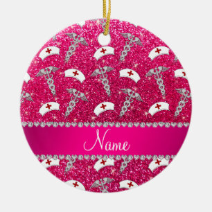 Name rose pink glitter nurse hats silver caduceus ceramic ornament