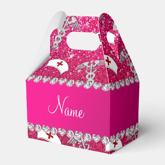 Name rose pink glitter nurse hats silver caduceus favor boxes (Front Side)