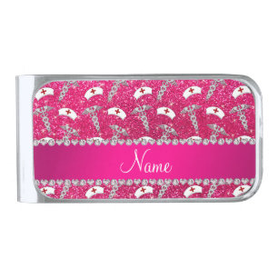Name rose pink glitter nurse hats silver caduceus finish money clip