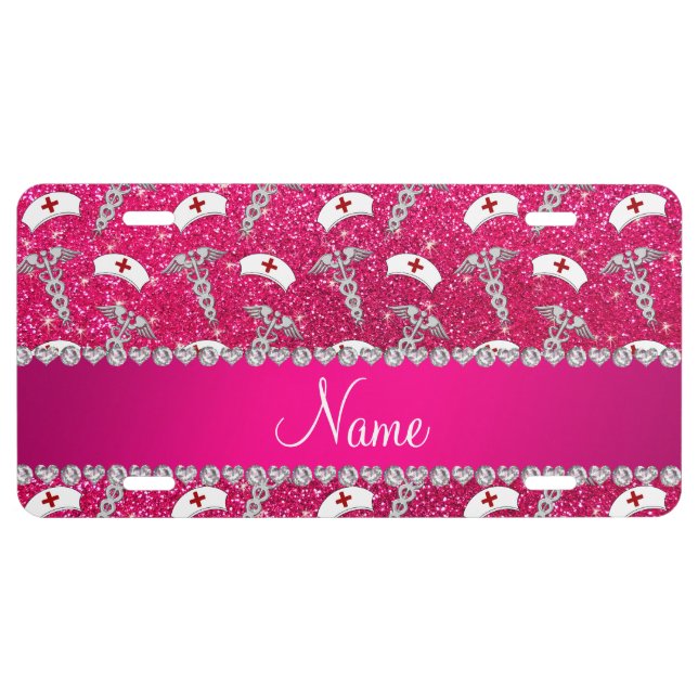 Name rose pink glitter nurse hats silver caduceus license plate (Front)