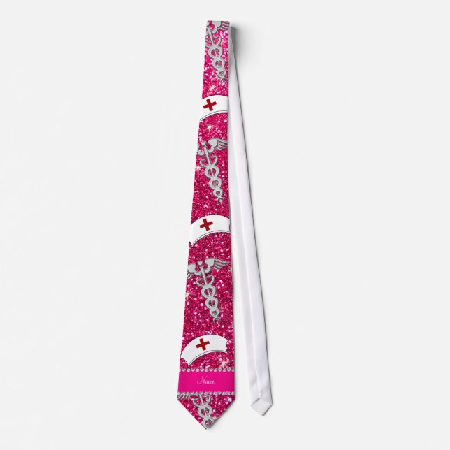 Name rose pink glitter nurse hats silver caduceus neck tie (Front)