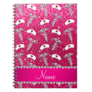 Name rose pink glitter nurse hats silver caduceus notebook