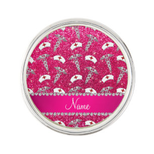 Name rose pink glitter nurse hats silver caduceus pin