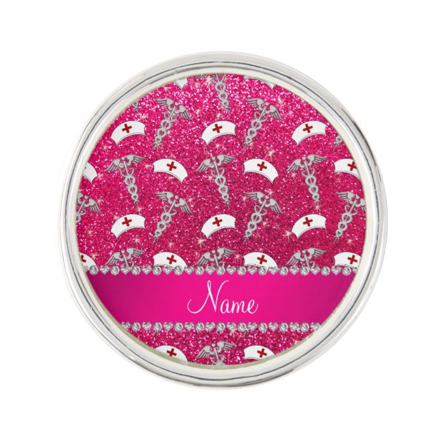 Name rose pink glitter nurse hats silver caduceus pin (Front)