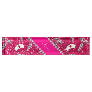 Name rose pink glitter nurse hats silver caduceus plate