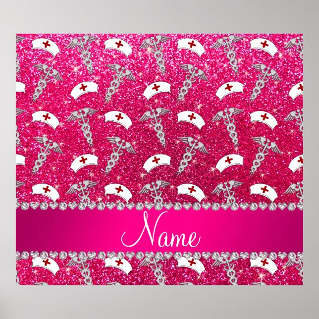 Name rose pink glitter nurse hats silver caduceus poster (Front)