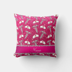 Name rose pink glitter nurse hats silver caduceus throw pillow