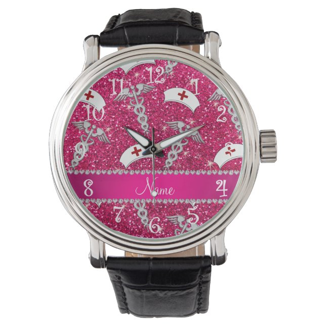 Name rose pink glitter nurse hats silver caduceus watch (Front)