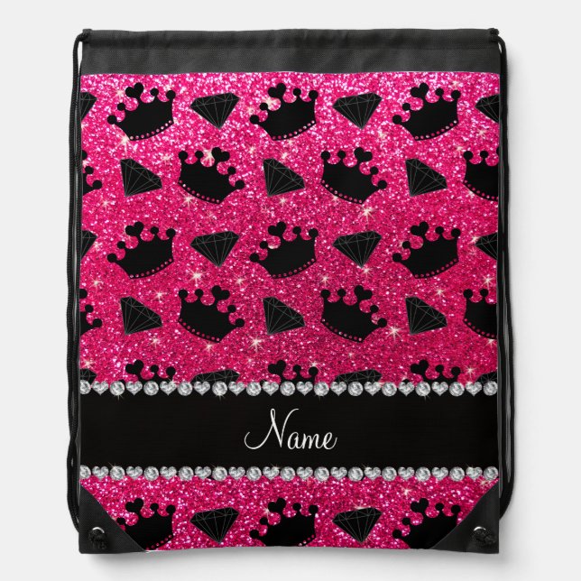 Name rose pink glitter princess crowns diamonds drawstring bag (Front)