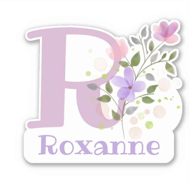 Name Roxanne & Initial with Floral Design Sticker (Front)