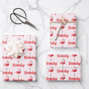 Name Santa Pink Flamingo Christmas Wrapping Paper Sheets