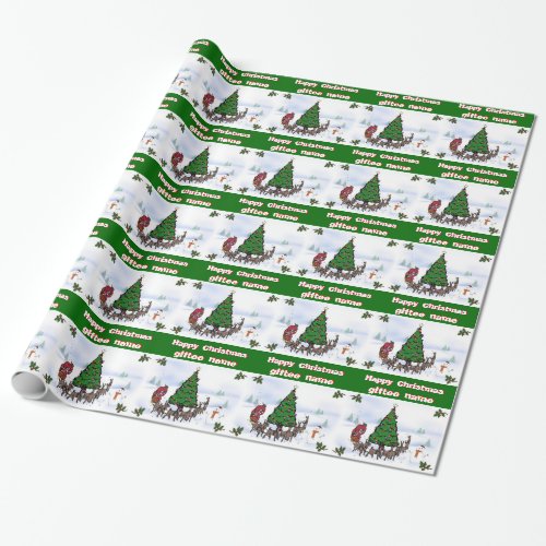 Name Santa sleigh reindeer tree and snow scene Wrapping Paper