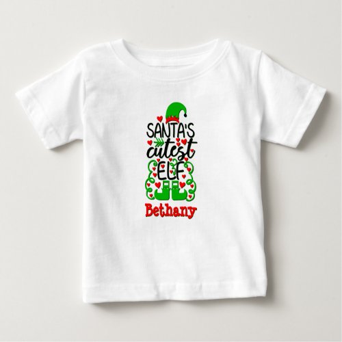 Name Santas Cutest Elf Hat Shoes Green Red  Baby T_Shirt