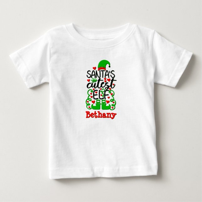 Name Santa's Cutest Elf Hat Shoes Green Red  Baby T-Shirt (Front)