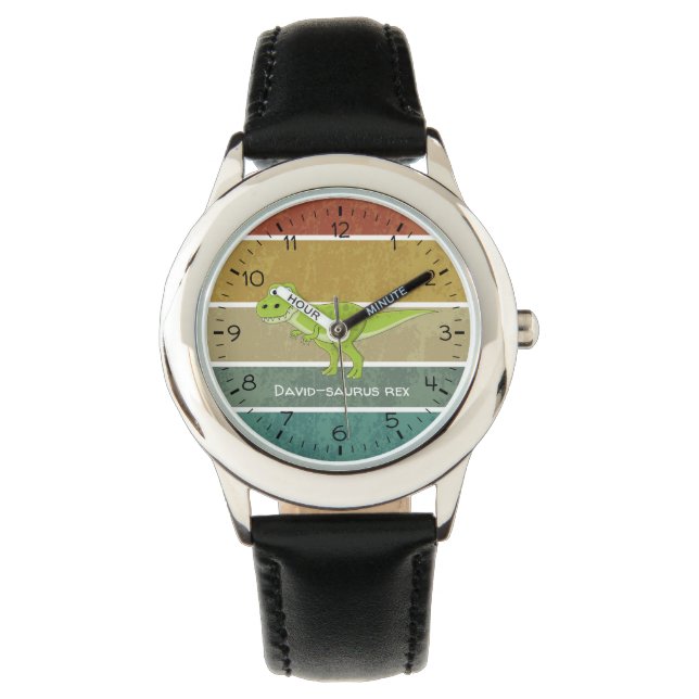 name saurus green t-rex retro background dino kids watch (Front)