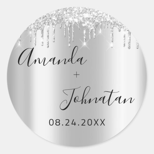 Name Save The Date Black Silver Drips Classic Round Sticker