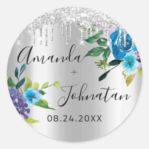 Name Save The Date Black Silver Drips Navy Classic Round Sticker