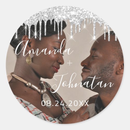 Name Save The Date Black Silver Drips Photo Classic Round Sticker