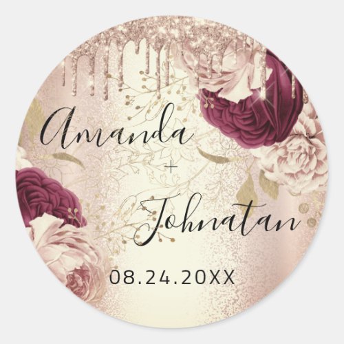 Name Save The Date Drips Roses Florals Burgundy Classic Round Sticker