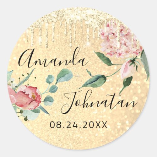 Name Save The Date Gold Drips Mint Glitter Classic Round Sticker