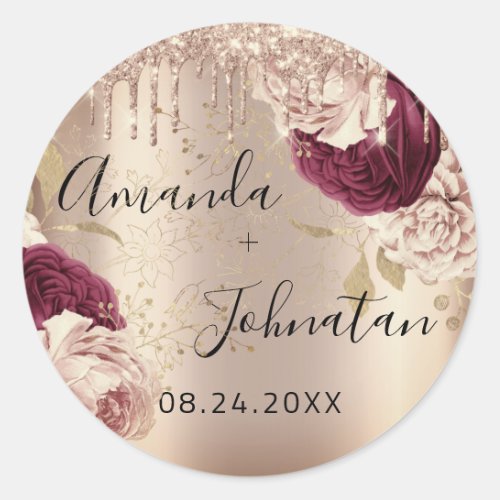 Name Save The Date  Gold Drips Roses Florals Classic Round Sticker