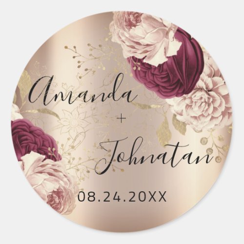 Name Save The Date  Gold Pink Roses Florals Classic Round Sticker