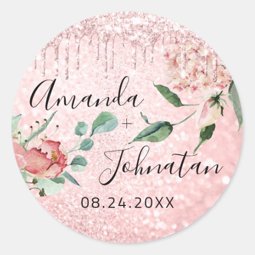 Name Save The Date Pink Roses Drips Mint Glitter Classic Round Sticker