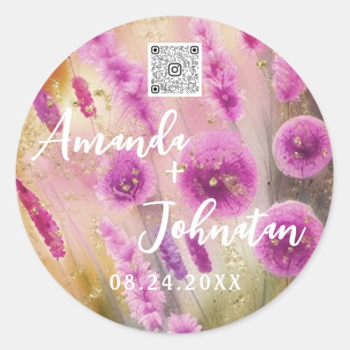 Name Save The Date Purple Meadow Qr Code Classic Round Sticker