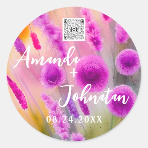 Name Save The Date Purple Meadow Qr Code Logo Classic Round Sticker