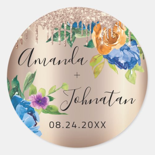 Name Save The Date Rose Gold Drips Navy Florals Classic Round Sticker