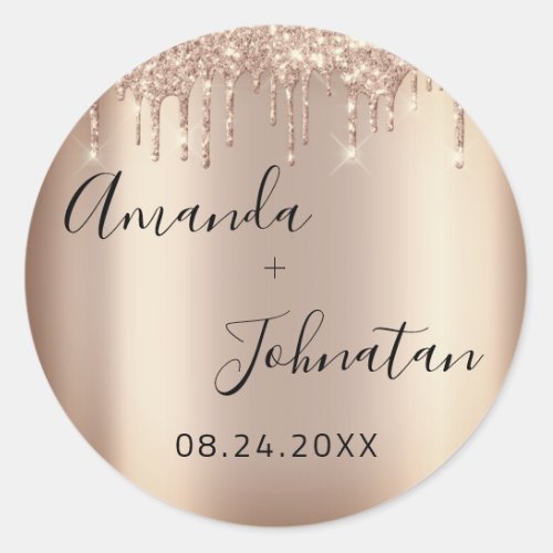 Name Save The Date Rose Gold Drips Sparkly Classic Round Sticker