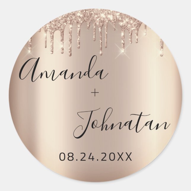 Name Save The Date Rose Gold Drips Sparkly Classic Round Sticker (Front)