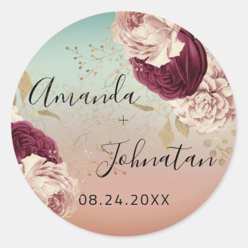 Name Save The Date  Rose Gold  Florals Blue Classic Round Sticker