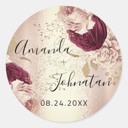 Name Save The Date  Rose Gold  Florals Classic Round Sticker