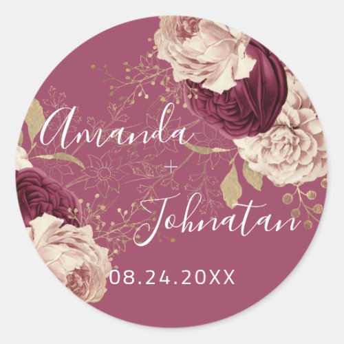 Name Save The Date  Rose Gold  Florals Pink  Classic Round Sticker
